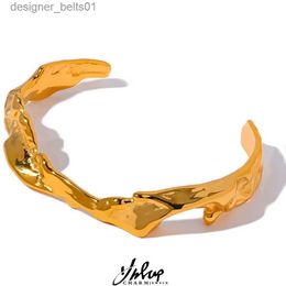 Charm Bracelets Yhpup Waterproof 18K Gold Colour Stainless Steel Irregular Geometric Open Cuff Bracelet Bangle Personalised Metal Texture JewelryL231214