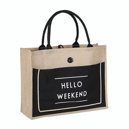 3 Color European Style Female Hello Weekend Jute Cotton Handbags Women Big Size Beach Bag For Girls Printing Shoulder Bags 210326284x