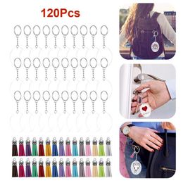 120Pcs Transparent Acrylic Keychain Blanks Set Round Pendant Charm Tassel Jump Rings DIY Chain Keyring Set Perfect Party Favors334F