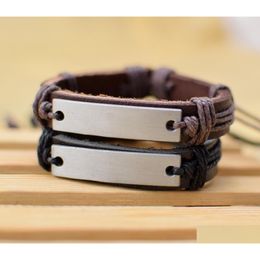 Charm Bracelets Supply Cool New Genuine Leather Bracelet Jewellery Bangle Cuff Pewter Metal Blank Plate Charm Bracelets Drop Delivery Je Dhkm7