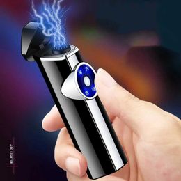 Creative Windproof Three Arc USB Charging Lighter LED Display Electric Flameless Metal Electronic Cigarette Gift for Men
