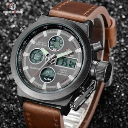 GOLDENHOUR Dropship Men Quartz Watch Digital Display Wristwatch Military Leather Watches Waterproof Male Clock Relogio Masculino295n