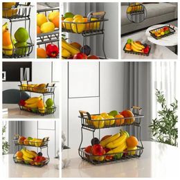 Kitchen Storage 2 Tier Fruit Basket Bowl Metal Detachable Vegetable Bread Rectangular With Wooden Handle Snacks Stand Countertop