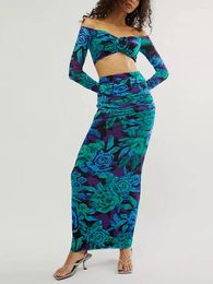 Casual Dresses Women Skirt Set Flower Print Long Sleeve Off-shoulder Crop Top With High Waist Fall Outfit