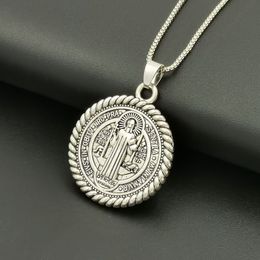 10Pcs Antique Silver Round St Benedict Pendant Necklace Coin Medallion Necklace Talisman Jewellery A-556d