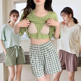 Women's Sleepwear Ladies Modal Loose Pyjamas Women Two-Piece Set Spring Summer Thin Short Sleeved Shorts Suit With Chest Pad Home Clothes