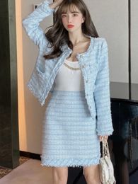 Two Piece Dress Autumn Winter Vintage Tweed Two Piece Set Women Woolen Short Jacket Coat Skirts Sets Small Fragrance 2 Piece Suits 231212