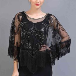 Vintage Sequin Tassel Evening Cape 1920s Flapper Party Fringed Shawl Wraps Embroidery Pullover Wedding Bridal Scarf 210819210V