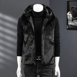 Men's Fur Faux 2023 Sleeveless Jacket Men Hooded Warm Imitation Mink Velvet Vest Male Plush Flannel Coat Down Cotton Waistcoat 231212