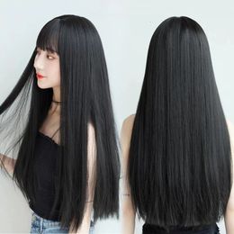Wig Caps 65Cm Wig Cover Female Long Hair Air Bangs Black Long Straight Natural Full Hair Cover Elastic Net Rose Net Wig Cover 231211