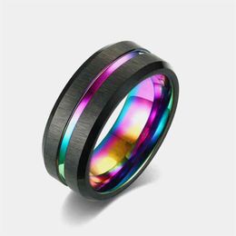 Trendy 8mm Men's Black Brushed Tungsten Wedding Ring Rainbow Groove Bevelled Edge Stainless Steel Engagement Jewellery for Men331x