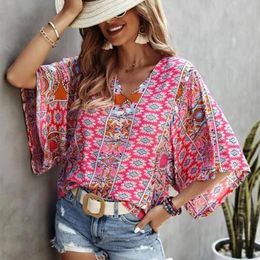 Women's Blouses Bohemian Style Floral Button Detail Blouse For Misses Ol Women Tops Baggy Tunic Female Shirts