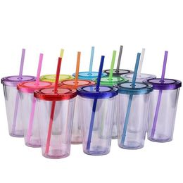Mugs Acrylic Transparent Double Wall Tumblers Insulated Plastic Cup Cold Beverage Drinking Mug Reusable With StrawsMugs261G