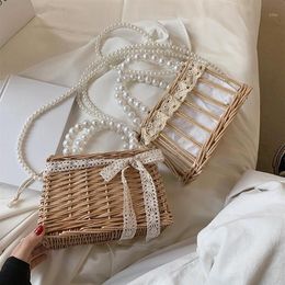 Evening Bags Handmade Purse Wicker Beach Handbag Retro Women Rattan Woven Lace Pearl Chain Drawstring Small Basket Shoulder1259c
