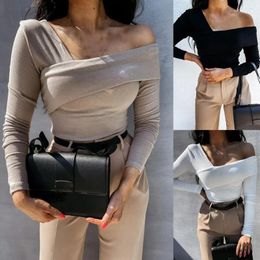Women's Blouses Slim T-shirt Solid Color Comfy Top Strapless Backless Long Sleeve Blouse