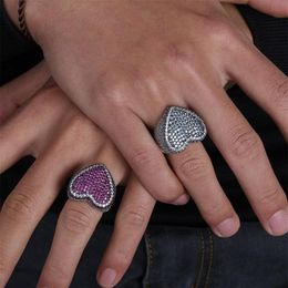 Pink White CZ Stone Paved Bling Out Heart Shape Men Women Rings White Gold Colour Big Wide Hip Hop Ring Jewellery Size 7-11 Band200Z