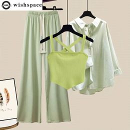 Women's Two Piece Pants Cross Sling Vest Sunscreen Chiffon Shirt Casual Wide Leg 3pcs Elegant Women Set Summer Sports Clothing Outfits 231211