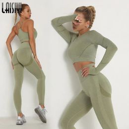 Women's Two Piece Pant's Sets Skinny Tracksuit Breathable Bra Long Sleeve Top Seamless Outfits High Waist Push Up Leggings Gym Clothes Sport Suit 231211