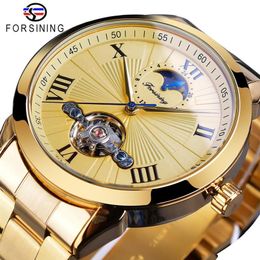 Forsining Golden Men Mechanical Wristwatch 3D Dial Automatic Tourbillon Moonphase Full Steel Big Watches Clock Relogio Masculino210H