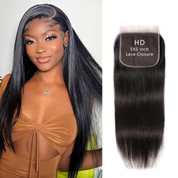 Brazilian Straight 5x5 Lace Closure 100% Human Hair Deep Part Transparent Lace Closure with Baby Hair Natural Colour