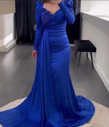 Aso Ebi 2024 Arabic Royal Blue Mermaid the Bride Dresses Satin Beaded Evening Prom Formal Party Birthday Celebrity Mother of Groom Gowns Dress ZJ044 Mor