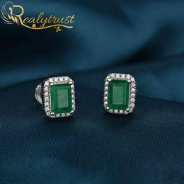 Realytrust Solid 925 Sterling Silver Colombia Emerald Lab Created Diamond Stud Earrings for Women Wedding Party Birthday Gift 2103291p