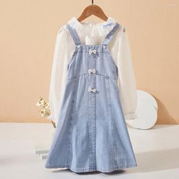 Clothing Sets Girls Preppy Suits For Kids School Uniform White Shirt & Denim Dress Teenagers Outfits Children Costumes 6 8 10 12 13 Years