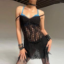 Casual Dresses Sexy Black Mini Dress Women Clothing Nightclub Lace Irregular Hem Chest Steel Support See Through Transparent Open Back