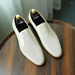 Dress Shoes Hollowed Natural Leather Men Summer Business Formal Soft Soled Loafers Breathable Slip On Cool M21317