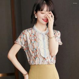 Women's Blouses Korean Fashion Shirt Women Vintage Organza Ruffles Court Print Chiffon Short Sleeve Nail Beads