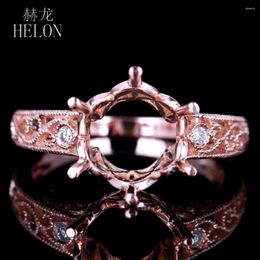 Cluster Rings HELON 9-10mm Round Cut Solid 14K Rose Gold Natural Diamonds Semi Mount Engagement Wedding Ring Women Vintage Jewellery