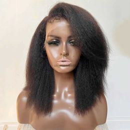 Synthetic Wigs Middle Part Preplucked Glueless 180Density Short Bob Yaki Kinky Straight Natural Black Lace Front Wig For Women BabyHair DailyL240124