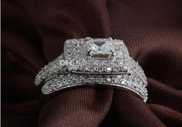 Fine Luxury Jewelry princess cut 14kt white gold filled full topaz Gem simulated diamond Women Wedding Engagement ring set gift1046410