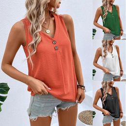 Women's Tanks Elegant Blouse Solid Tank Top T-shirt 2023 Summer V-neck Button Office Lady Tees S-XXL