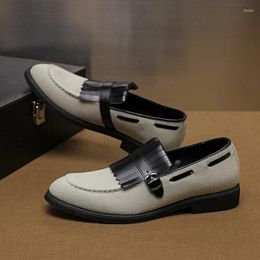Dress Shoes Beige Loafers For Men Flock Round Toe Tassels Green Slip-On Handmade Size 38-48 Mens