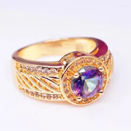 Cluster Rings Luxury Gold Plated Rainbow Colors Crystal Wedding Ring Exquisite Natural Gems Zircon Women's Bridal Engagement Jewelry