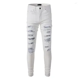 Men's Jeans Fashion White Slim Fit Distressed Streetwear Style Bandanna Patchwork Skinny Stretch Holes High Street Ripped