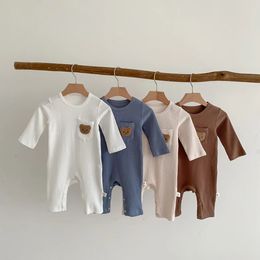 Rompers Spring Autumn born Baby Boys Bodysuit Cotton Ridded Bear Long Sleeve Stretch Infant Romper Toddler Outfits 231211