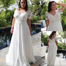 Size Chiffon Plus Dresses Sheer V Neck Lace Appliqued Bridal Gowns A Line Short Sleeve Wedding Dress Robe De Mariee