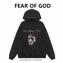 FOG distressed water washed VINTAGE demon head front and back printed couple hoodie for men and women's sports and leisure trend