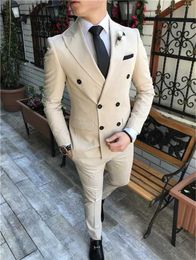 Double Breasted Men Suits Beige/Blue Groom Tuxedos Peak Lapel Groomsmen Wedding/Prom/Dinner Man Blazer Bridegroom 2 pieces (Jacket + Pants + Bow Tie ) L654