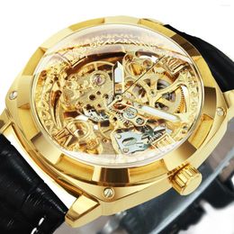 Wristwatches Royal Retro Gold Skeleton Mechanical Watches Engraved Movement Luminous Hands Square Automatic Mens Watch Genuine Leather Strap
