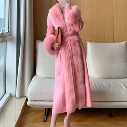 Women' Blends Double faced Woolen Coat Women Oversized Fur Collar Fashion Warm Overcoat Belt Slim Long Jacket Fall Winter Female Clothing 231212