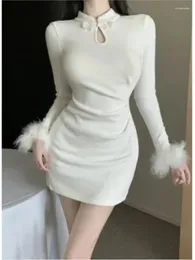 Casual Dresses Solid Elegant Chinese Style Sexy Dress Women Long Sleeve Faux Fur Patchwork High Waist Party Lady Vintage Cheongsam