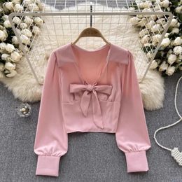 Women's Blouses Elegant And Youth Woman Arrival Turn-down Collar Bow Long Puff Sleeve Shirts Autumn Versatile Female Blusa Drop