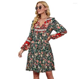 Casual Dresses Boho Floral Printed Mini Black Rayon Long Sleeve Autumn Spring Vintage Chic Women Holiday Ladies