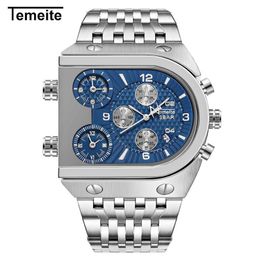Temeite Top Brand Men's Big Dial 3 Time Zone Business Square Quartz Watches Men Military Waterproof Wristwatch Relogio Mascul240H
