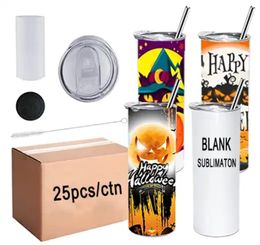 20oz Sublimation Tumbler Straight 20 Oz Blank White Stainless Steel Travel Coffee Mugs US CA Stocked Cups with Lid And Plastic Straw 1212