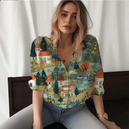 Women's Blouses Summer Ladies Shirt Forest Tree House Stitching 3D Printed Lady Casual Style Trendy Loose