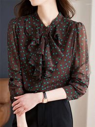 Women's Blouses Ruffles Spliced Long Sleeve Flower Dress Shirt Women Tops Spring Autumn Vintage Elegant Loose Casual Office Lady C2392